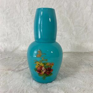 Vintage Blue Bedside Water Carafe Bottle with Glass Cup Rare Grandmas Attic Find